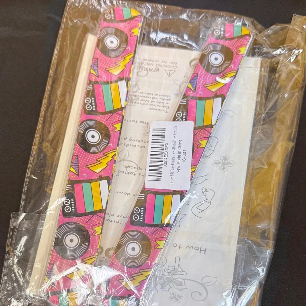 124 piece 80s Party Slap Bracelets Tattoos Colorful Retro Patterned Straps new